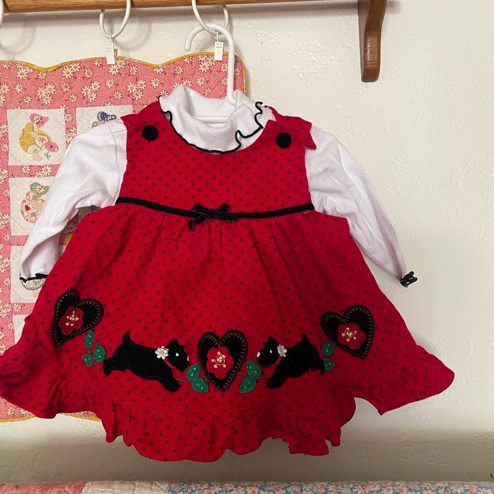Red Heart & Scottie Dog Pinafore Dress - baby dress with bodysuit